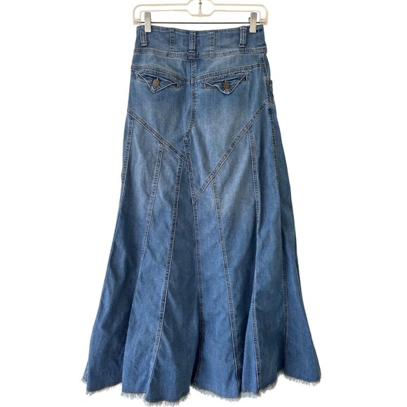 Vintage Style J Denim A Line Midi Skirt Button Fly Back Flap Pockets Frayed Hem - Picture 2 of 16